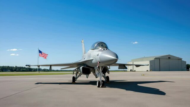 Military jet fighter on airbase runway near hangar with USA flag