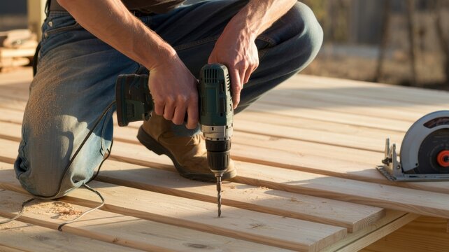 Construction worker using drill on wooden deck in sunlit outdoor setting