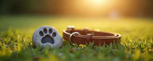 Pet memorial with paw stone, collar on green grass. Tribute to dog, cat, animal loss. Soft light, sunset, golden hour. Paw print engraved on stone, leather collar. Love, loss, memory, mourning.