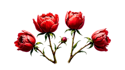 Five crimson watercolor peonies for girls — isolated impasto flowers in semi-bloom stage