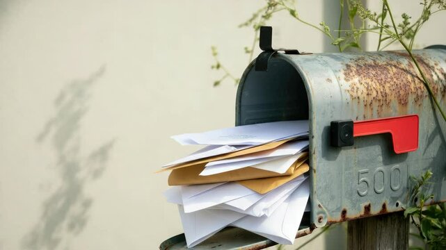 Rusted mailbox overflowing with letters and envelopes