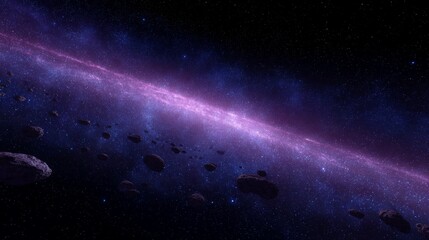 Naklejka premium A stunning cosmic view showcases a vibrant galaxy ribbon in shades of purple. Explore the beauty of space with this captivating image. Ideal for science and art projects. AI