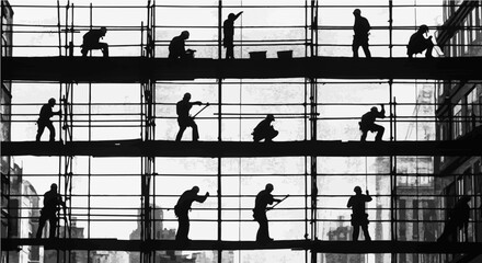 Construction workers are silhouetted against the skyline on scaffolding, showing the building process.
