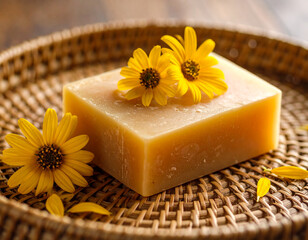 Rustic honeycomb soap bar adorned with dried yellow sunflowers rests gracefully on woven basket, evoking sense of natural beauty and tranquility