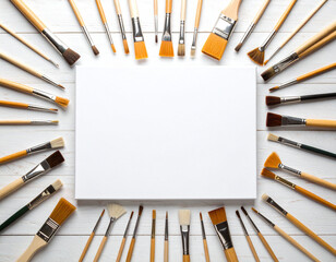 Collection of various paintbrushes surrounds blank canvas on rustic white wooden table, creating inviting atmosphere for artistic expression and creativity