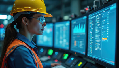 Female engineer monitors industrial control room systems. Wears safety helmet, glasses, work vest. Modern tech equipment on displays with data visualization. Automation, high-tech engineering