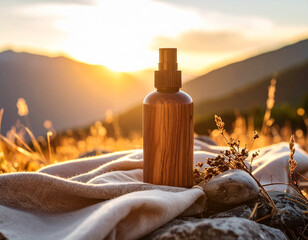 Rustic wooden skincare bottle sits elegantly on soft fabric, surrounded by natural elements like smooth stone, with beautiful sunset illuminating scene