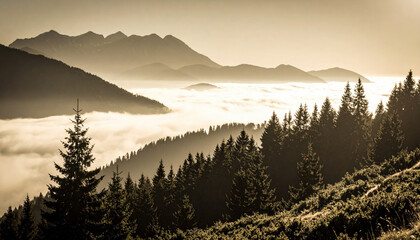 Majestic mountains rise above sea of fog, with evergreen trees framing serene landscape. sepia tones create timeless atmosphere, evoking sense of tranquility and wonder
