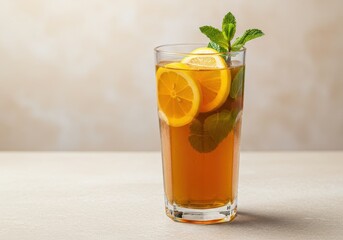 Refreshing Iced Tea with Slices of Lemon and Fresh Mint Leaves in a Clear Glass on a Soft Background