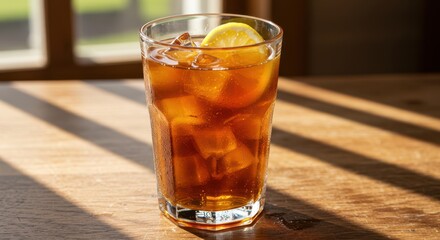 Refreshing Glass of Iced Tea with Lemon Slices and Ice Cubes on Wooden Table Surrounded by Natural Light and Shadows