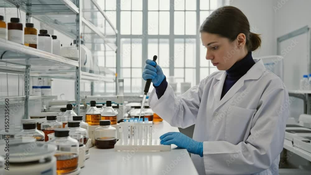 Poster a dedicated scientist in a lab coat, meticulously conducts experiments, using scientific tools to ga