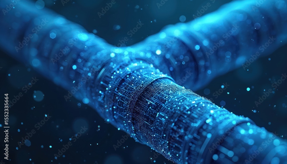 Poster Futuristic digital pipeline design, advanced tech concept. Blue wireframe overlay represents interconnected systems, data transfer. High-tech infrastructure, modern digital network, innovative