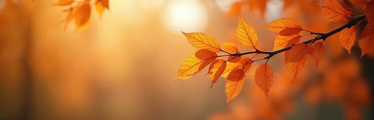 Autumn nature background. Orange and yellow leaves on tree branch against blurred sunlight. Golden hour, ideal for design projects, presentations. Fall season art, tranquility peaceful scene.