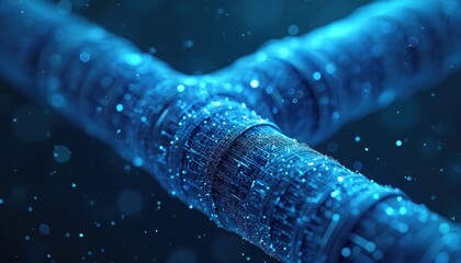 Futuristic digital pipeline design, advanced tech concept. Blue wireframe overlay represents interconnected systems, data transfer. High-tech infrastructure, modern digital network, innovative