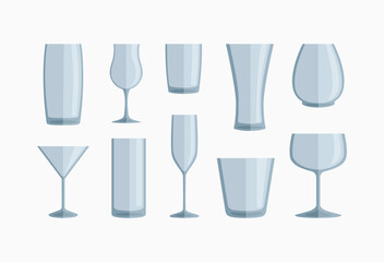 Vector set of empty glassware and drink glasses including wine, cocktail, champagne, beer, and whiskey types. Perfect for bar, restaurant, and beverage menu designs.