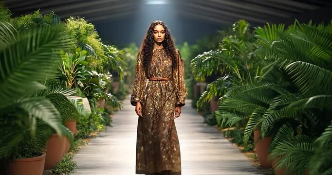 Models in patterned gowns walk a runway flanked by lush greenery under bright overhead lighting creating a high-fashion scene