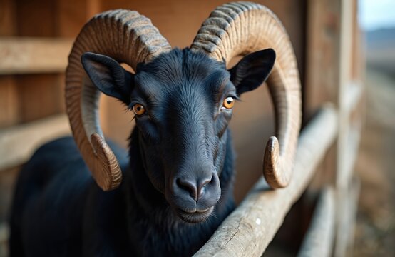 Close-up ram portrait, striking dark fur and curved horns. Ram stands on a farm with wooden fence. Animal gaze at viewer, shows eye, detail. Perfect for farming, livestock, agriculture themes.
