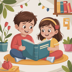 Two children reading together on a rug in a colorful indoor space  