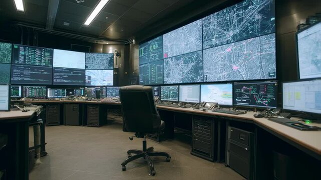 An expansive control room filled with large screens displaying navigational maps and system diagnostics revealing a complex network of redundant pathways and alternative routes to enhance