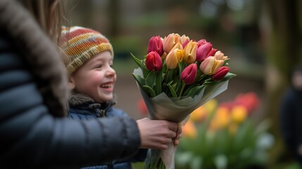 Joyful Child Holding Colorful Tulip Bouquet in Spring Garden