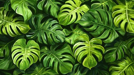Lush tropical leaves create a vibrant pattern.
