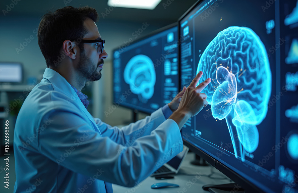 Poster Scientist points at 3D digital brain model on monitor. Advanced medical tech for neuroscience research diagnostics. Visualization of brain anatomy data analysis, in lab.