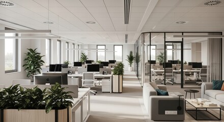 Fototapeta premium Modern White Office Space With Abundant Natural Light and Sleek Furniture Design