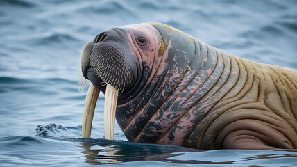 Large walrus with tusks, calmly in the water.
