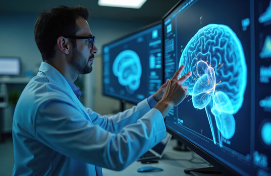 Scientist points at 3D digital brain model on monitor. Advanced medical tech for neuroscience research diagnostics. Visualization of brain anatomy data analysis, in lab.