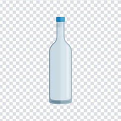 Empty glass bottle vector with blue cap and transparent background. Ideal for alcohol packaging, beverage branding, drink product design, or bar and restaurant illustrations.