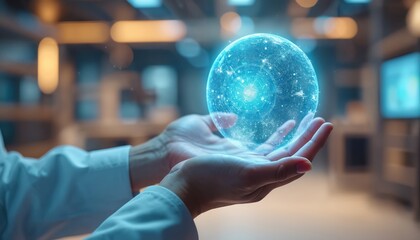 Futuristic tech lab photo. Man holds digital AI sphere, showing advanced tech system. Innovation concept. Represents cyber, ai, virtual intelligence, computing, digital transformation process.