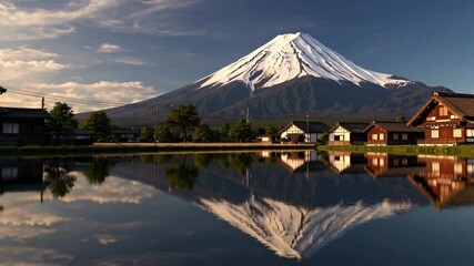 Snow-capped Mount Fuji rises over golden rice fields in Japan during a serene morning light