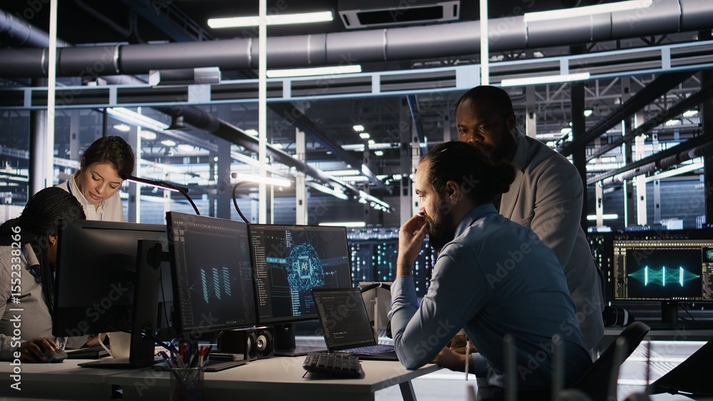 Poster data center engineers use laptop, collaborating on doing ai software updates. server room teamworkin