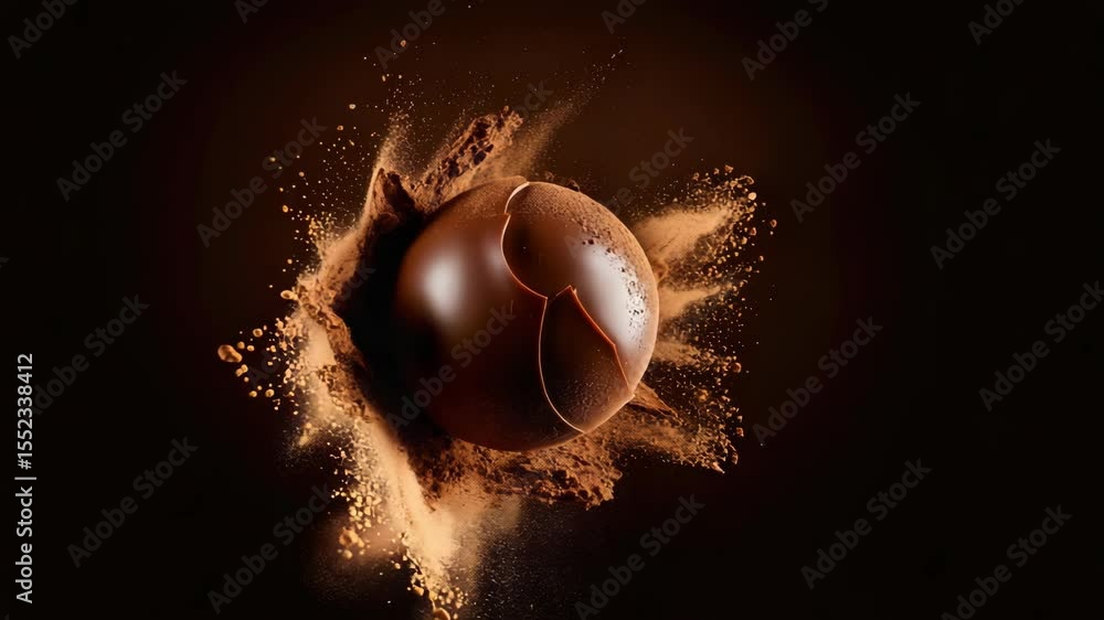 Poster chocolate sphere exploding with cocoa powder, dark background