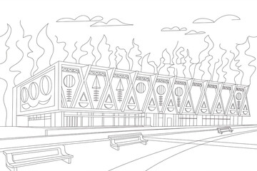 Obraz premium A futuristic stadium, outlined in black ink, surrounded by flames. 