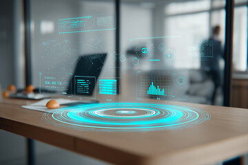Futuristic augmented reality interface projection on wooden desk in modern office environment with blue digital data graphics and charts floating in air