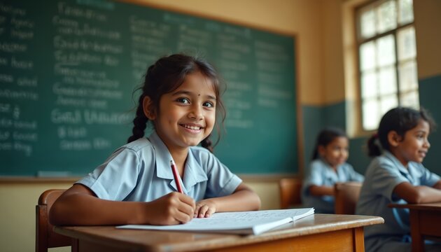 Smiling indian schoolgirl sitting at desk, writing with pencil, learning in classroom. Education concept, happy child in school uniform studying. Blackboard, students. Academic, back school, lesson.