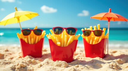 Obraz premium Enjoying delicious french fries at the beach summer vibes food photography tropical environment fun viewpoint