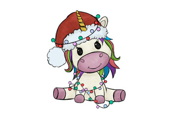 Illustration of rainbow unicorn wearing a santa hat with lights isolated on transparent background