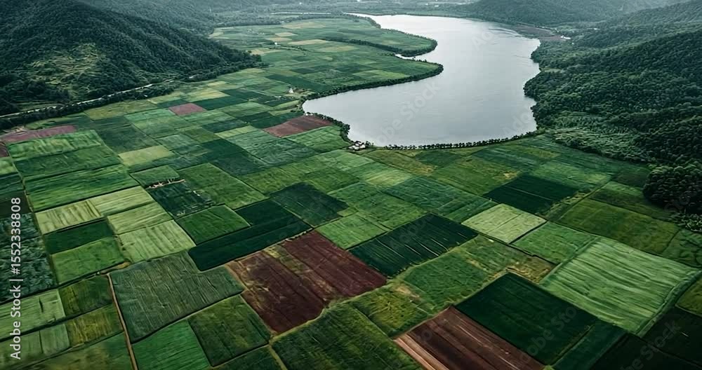 Poster aerial view of a landscape featuring a large lake and a patchwork of fields surrounded by lush green