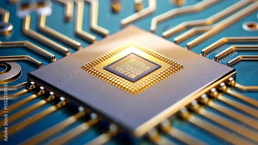 Poster the core of innovation: an abstract, close-up of a microchip's intricate circuits, symbolizing techn