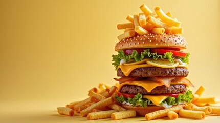 Sizzling burger stack with crispy fries fast food joint food photography bright background close-up tempting indulgence