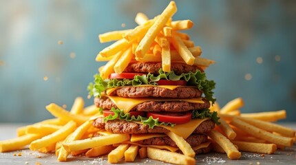 Ultimate cheeseburger and french fries stack kitchen food photography casual close-up indulgent culinary delight