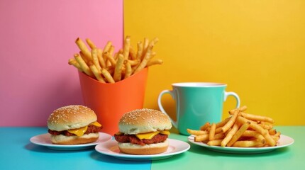 Delicious burgers and crispy fries colorful backdrop food photography vibrant setting top view culinary delight