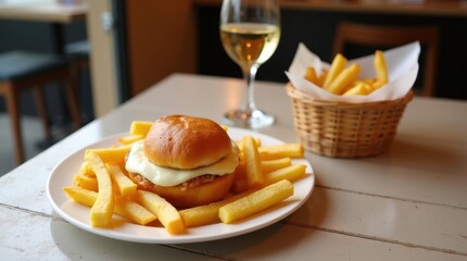 Delicious burger and crispy fries cozy restaurant food photography indoor dining close-up culinary delight