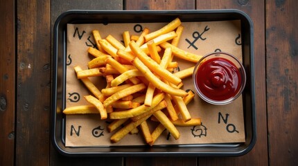 Crispy french fries and ketchup fast food restaurant food photography indoor setting top view delicious snack
