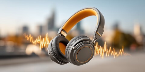 Premium wireless headphones with orange accents and audio waves for music, tech branding, and urban marketing.