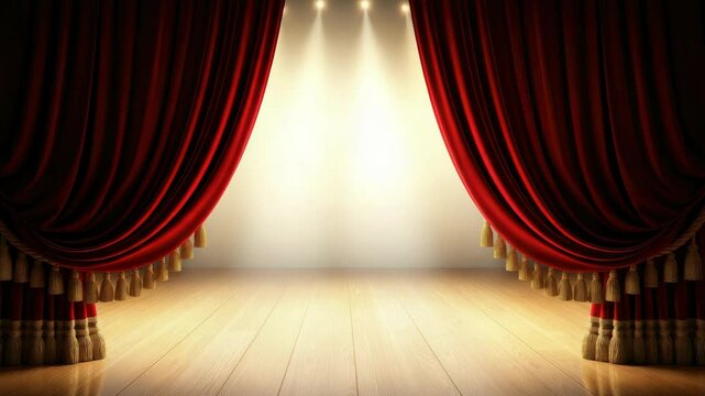 Empty stage with red curtains and spotlight, ready for performance