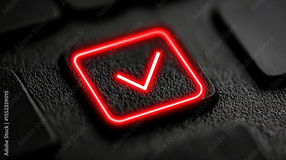 Poster close-up of a glowing red checkmark on a dark textured surface.