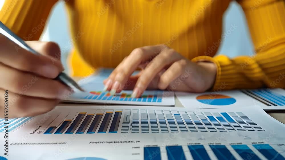 Poster charting financial analysis: a close-up view showcases a focused individual meticulously reviewing a